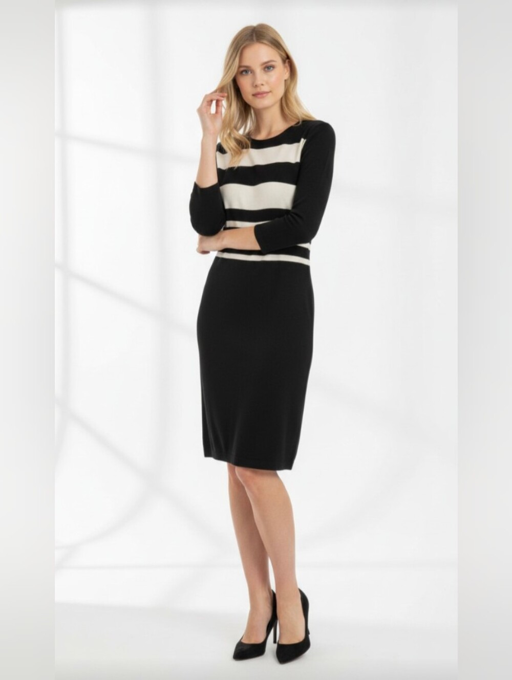 NWOT! TALBOTS! FAB BLACK & CREAM STRIPED KNIT, LONG SLEEVED SWEATER DRESS! SZ XS